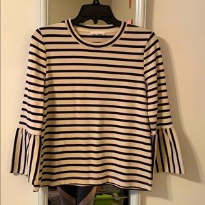 Cream and Navy Striped Top with Ruffle 3/4 Sleeves